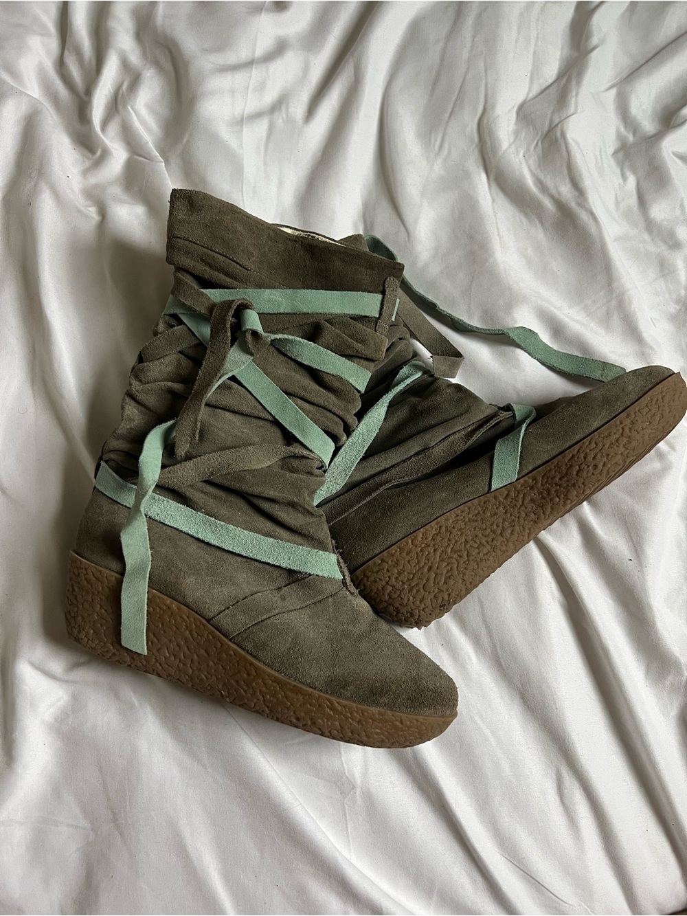 Suede Wedge Boots in Olive Green